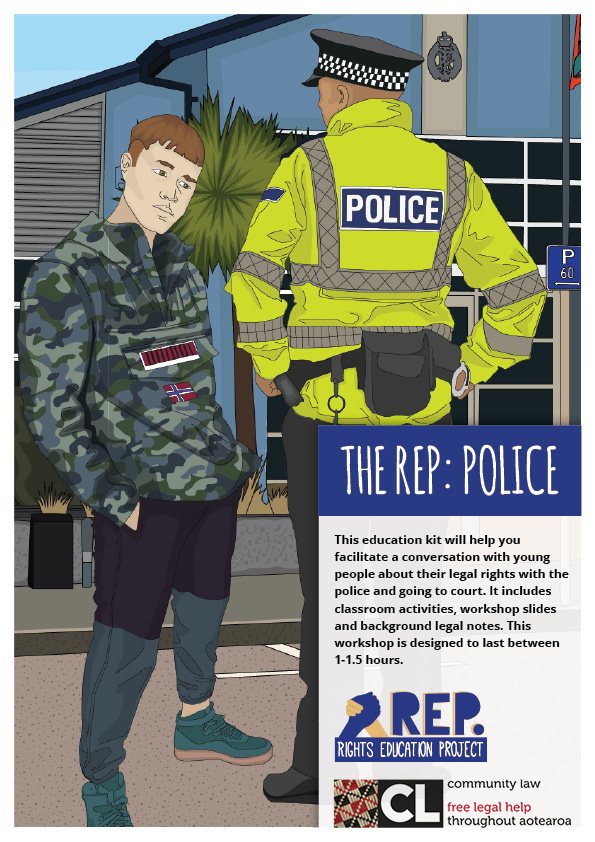 Young man in camouflage jacket talking to police officer with back turned